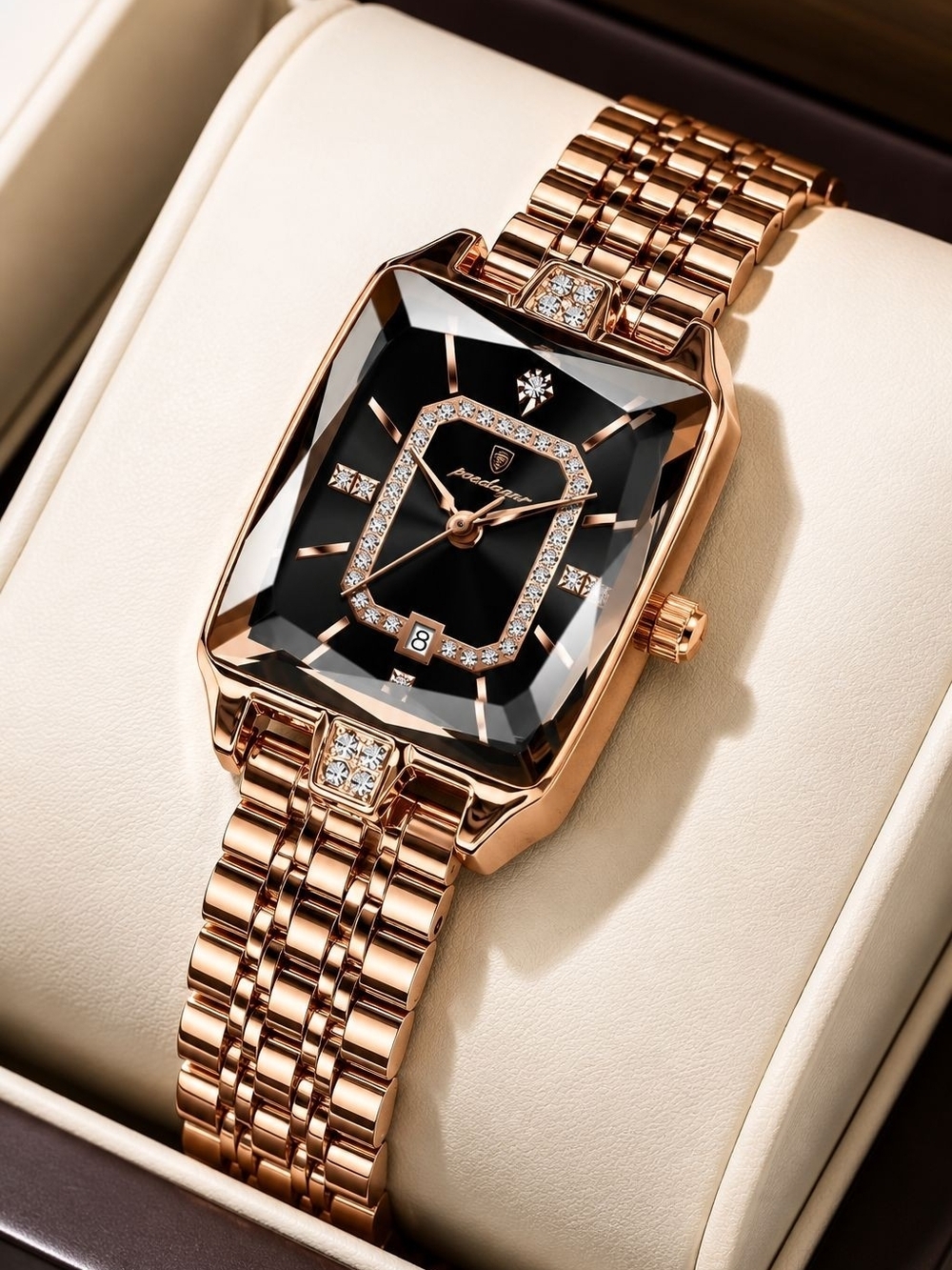 Rose Gold Bracelet Watch with Black Dial and Crystal Accents